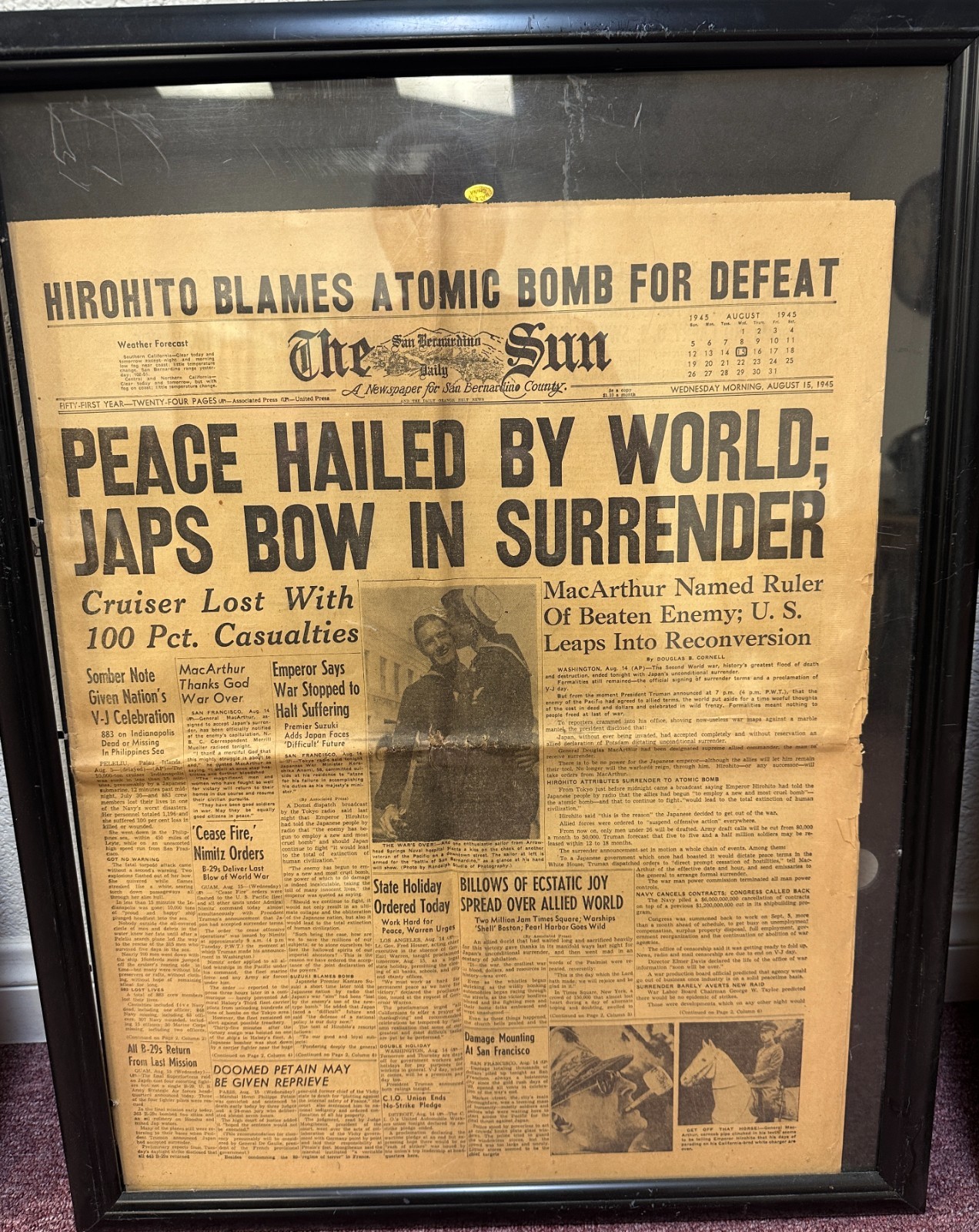 Vintage Sun Newspaper – August 15, 1945, -Japan Bow in Surrenders-Framed