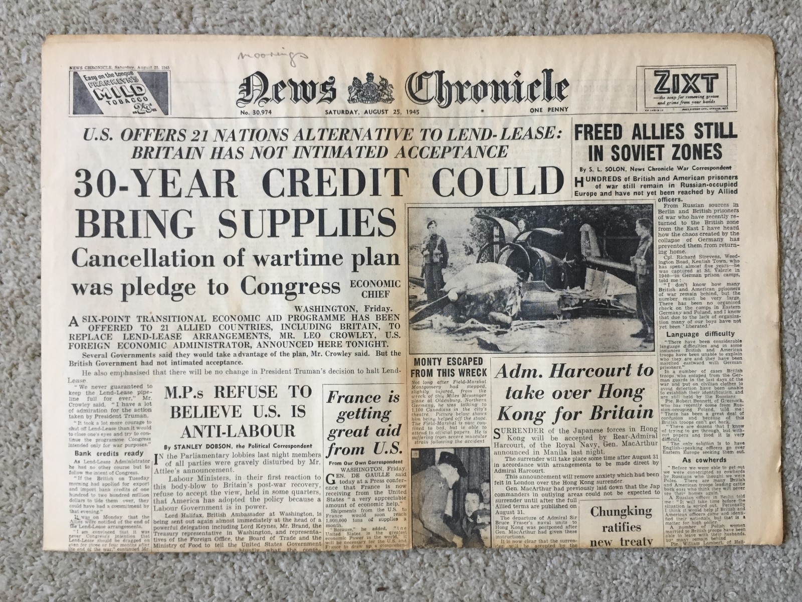 News Chronicle Newspaper 25th August 1945 Montgomery Plane Crash ORIGINAL