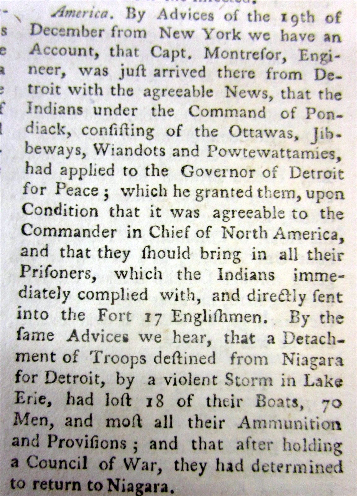 1764 newspaper with PONTIAC’S INDIAN WAR in the OLD NORTHWEST Detroit MICHIGAN