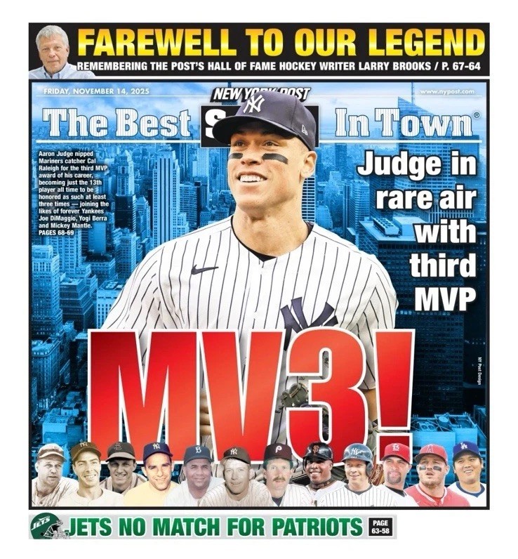 11/14/2025 NEW YORK POST MV3 AARON JUDGE MVP YANKEES NEWSPAPER NY COVER BASEBALL