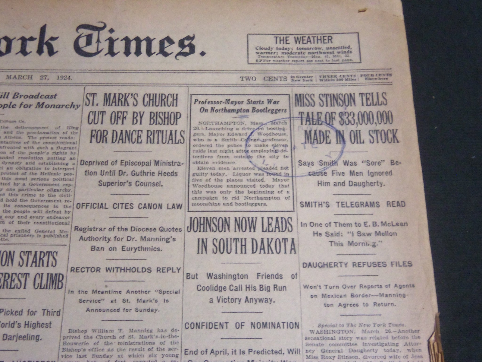 1924 MARCH 27 NEW YORK TIMES – STINSON TELLS OF $33,000,000 MADE IN OIL- NT 6803