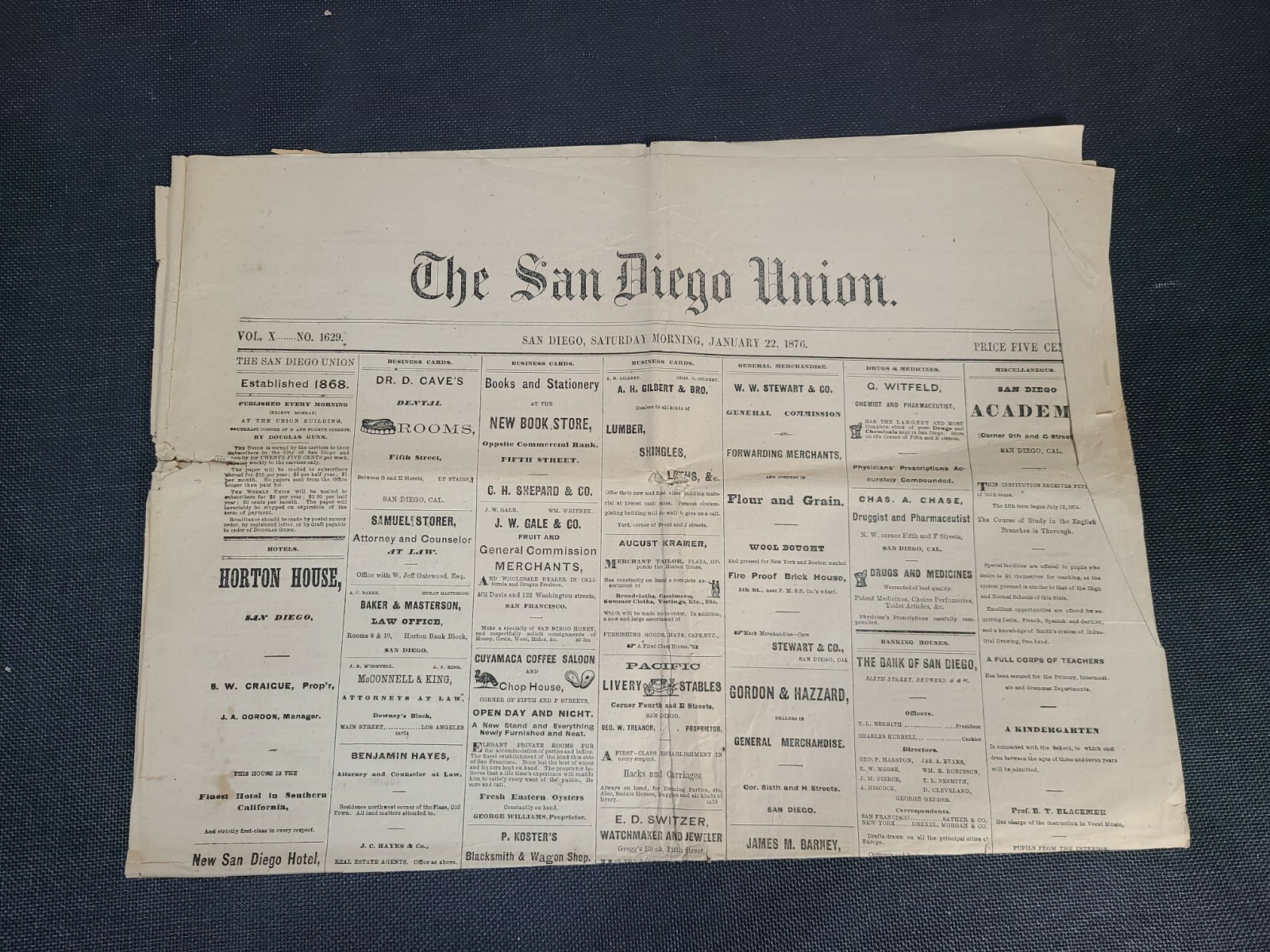 1876 The San Diego Union Newspaper San Diego California