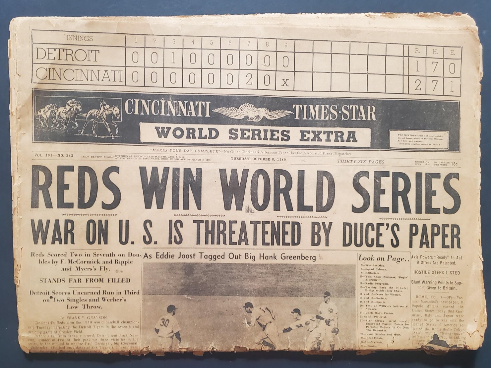 RARE 1940 Cincinnati Times-Star Newspaper Reds 1940 World Series CHAMPS Cover !!