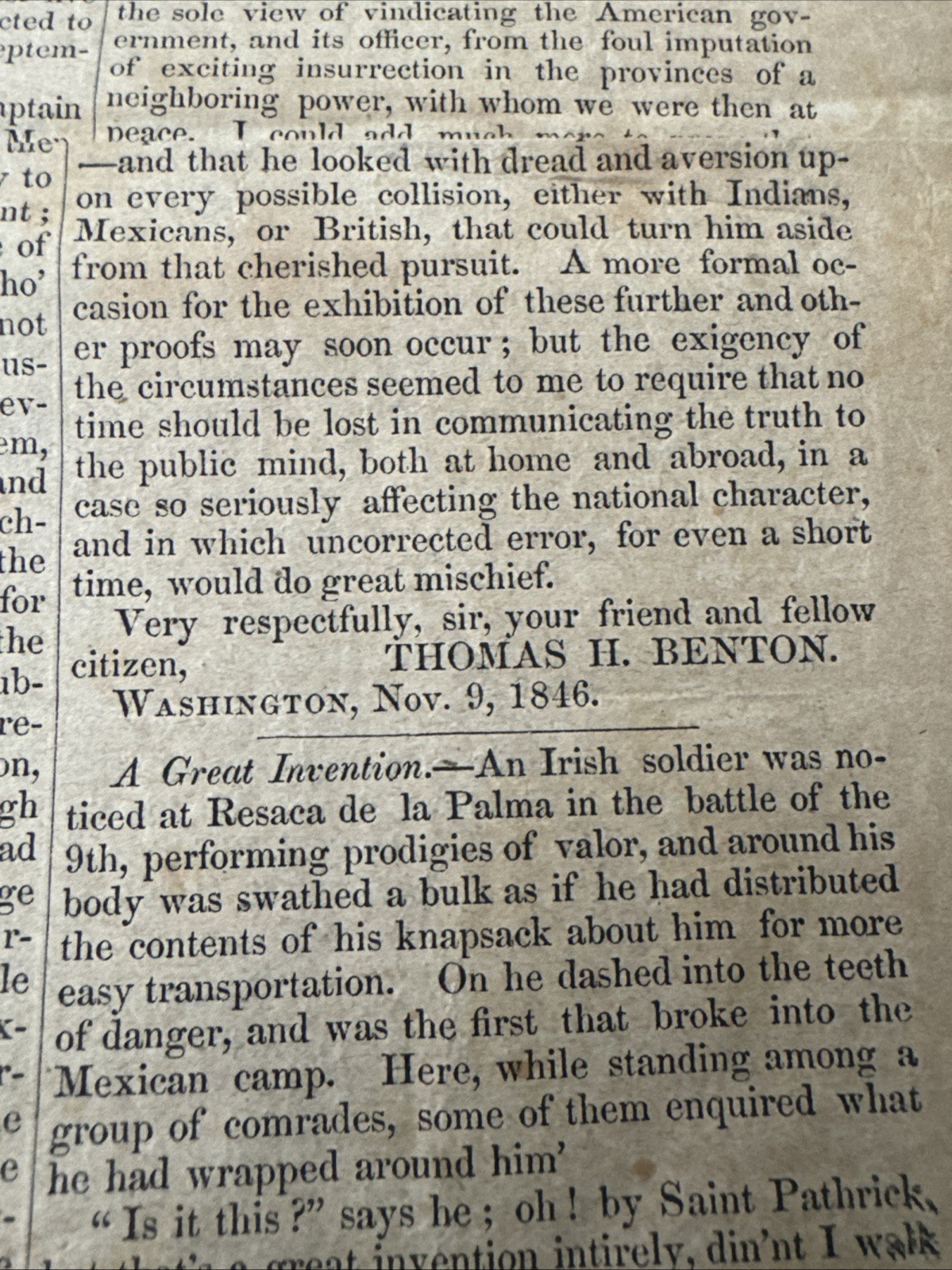 1846 NEWSPAPER Windam County Democrat MON NOV 23 Brattleboro Vt THOMAS H BENTON