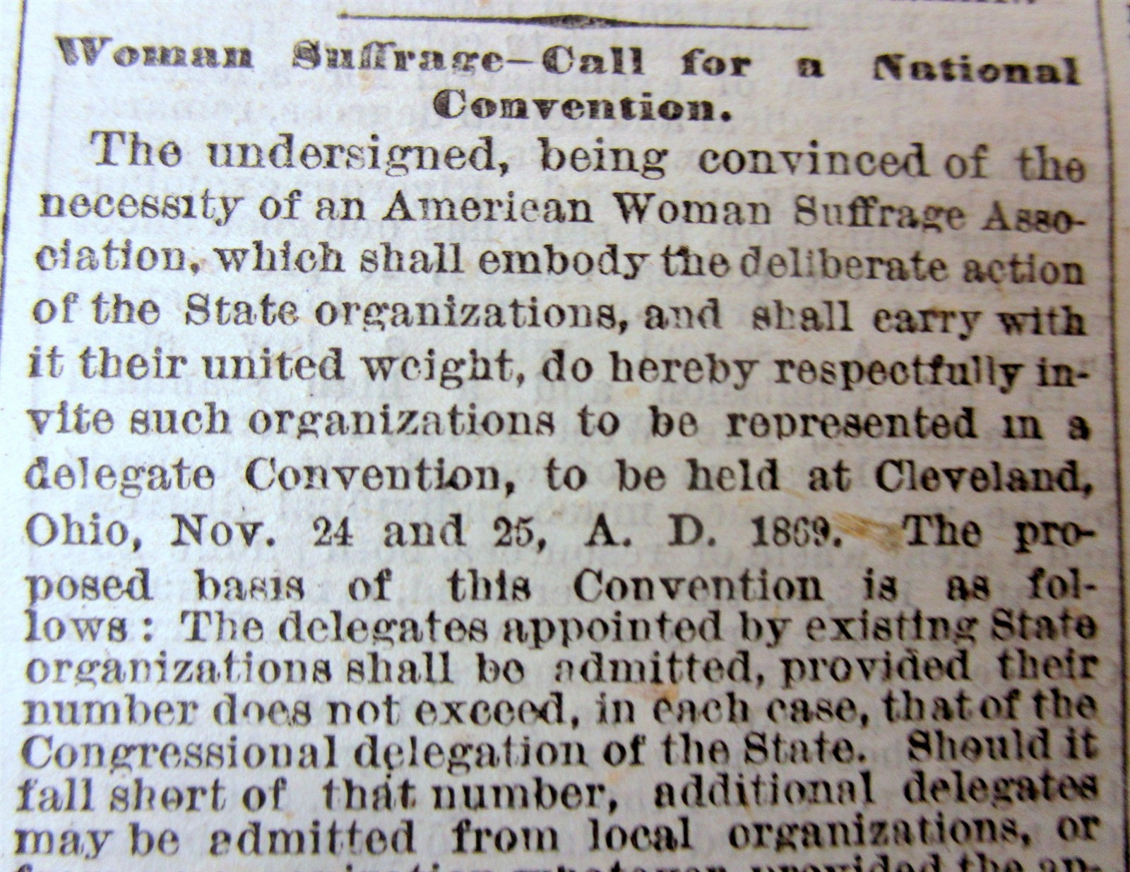 1869 NY Times newspaper wth FOUNDING of THE AMERICAN WOMAN SUFFRAGE ASSOCIATION