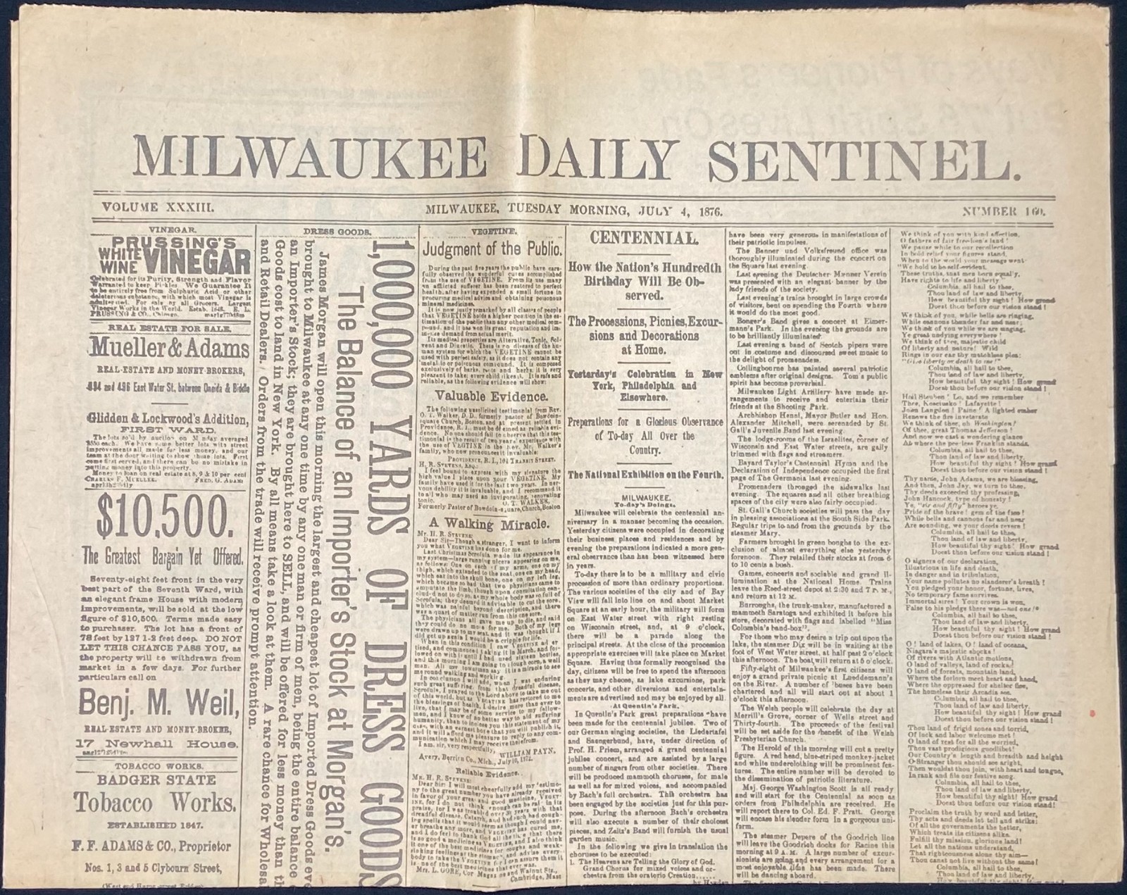 MILWAUKEE SENTINEL – July 4, 1876 – U.S. Centennial issue – 1976 reproduction
