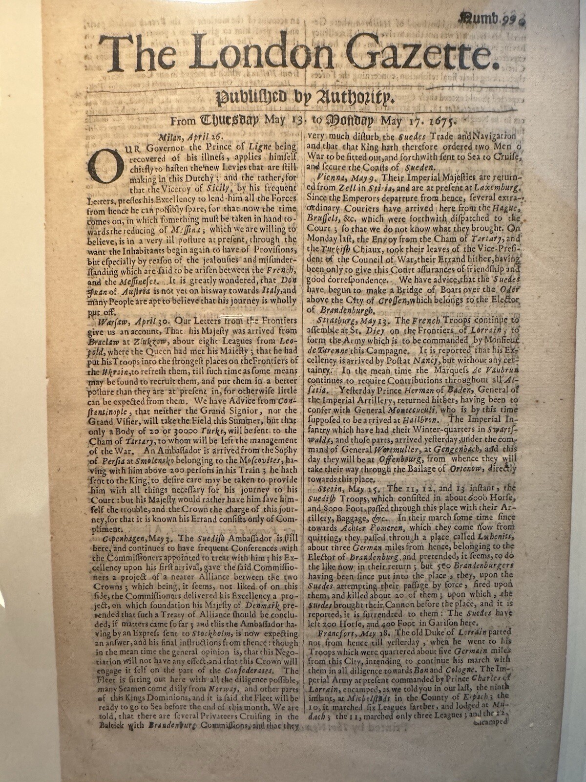 1675 LONDON GAZETTE Newspaper with news from May 13 to May 17-