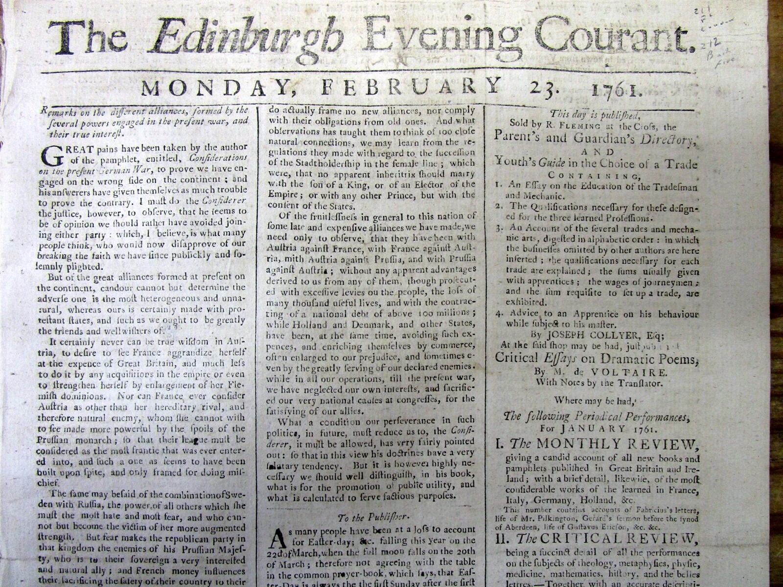 1761 newspaper SIEGE of FT LOUDOUN Tennessee FRENCH & INDIAN WAR + BOSTON FIRE