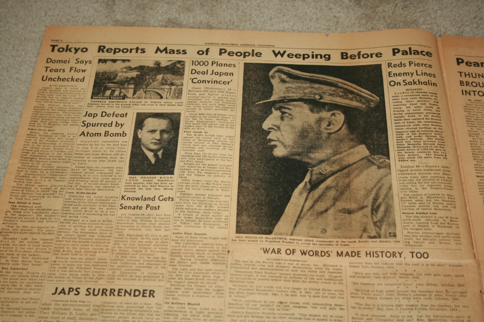 Glendale News-Press August 1945 Extra * PEACE! – WAR’S OVER! * Japan Surrenders