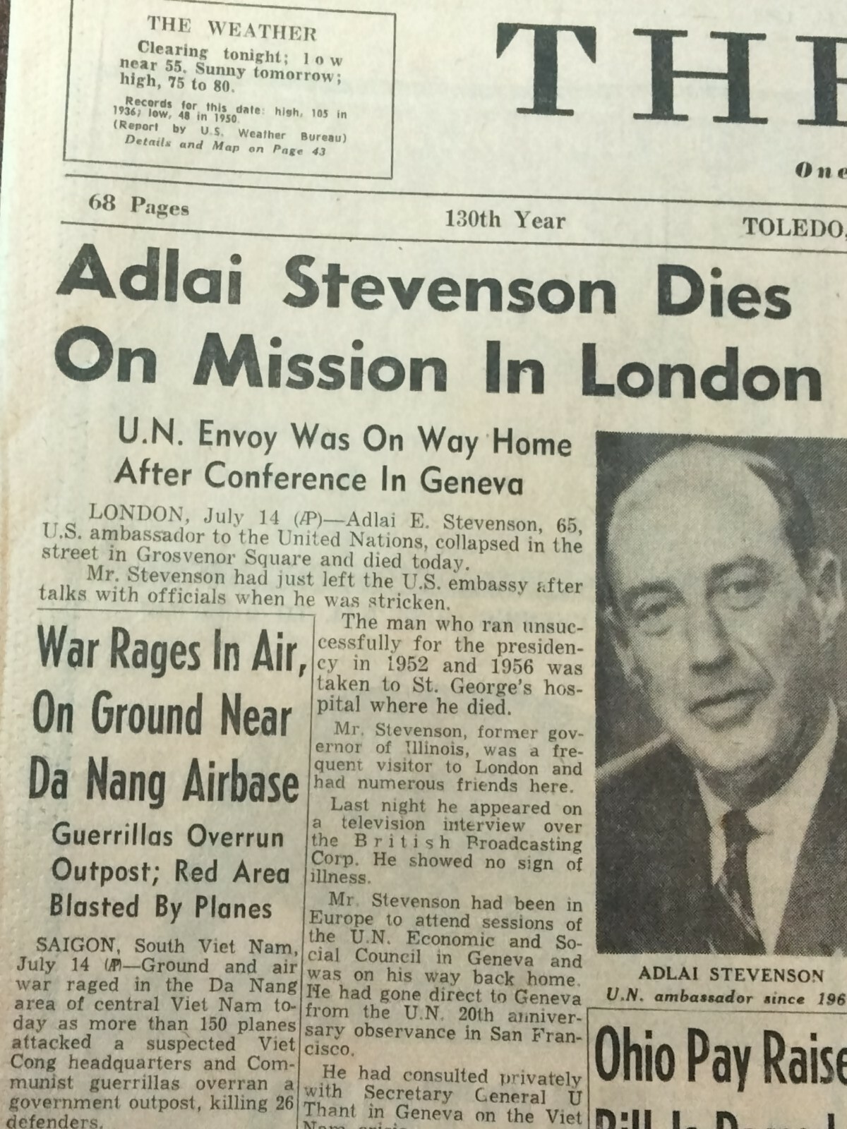Newspapers- ADLAI STEVENSON, UNITED NATIONS AMBASSADOR, GOVERNOR, STATESMAN,DEAD