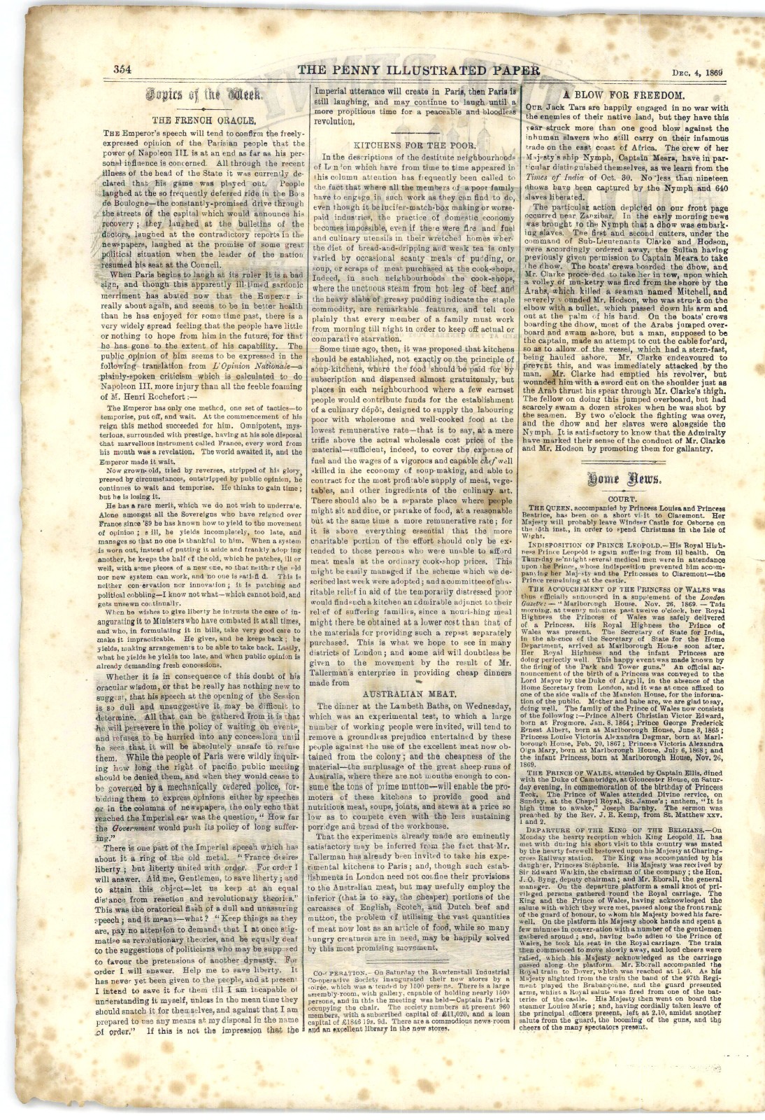 1869 Penny Ilustrated Paper, Slaves, Irish Problem, Wood Green Murders, Oz Meat