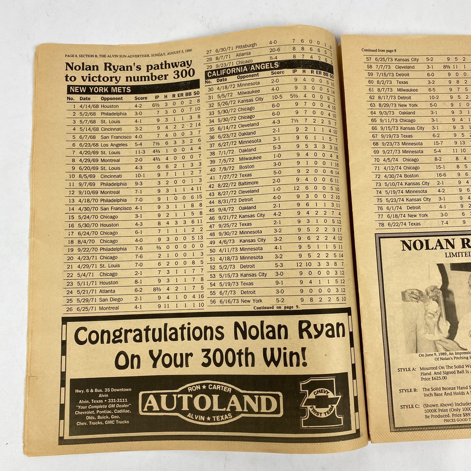 Alvin Sun Advertiser Newspaper Nolan Ryan Baseball Commemorative Edition 1990
