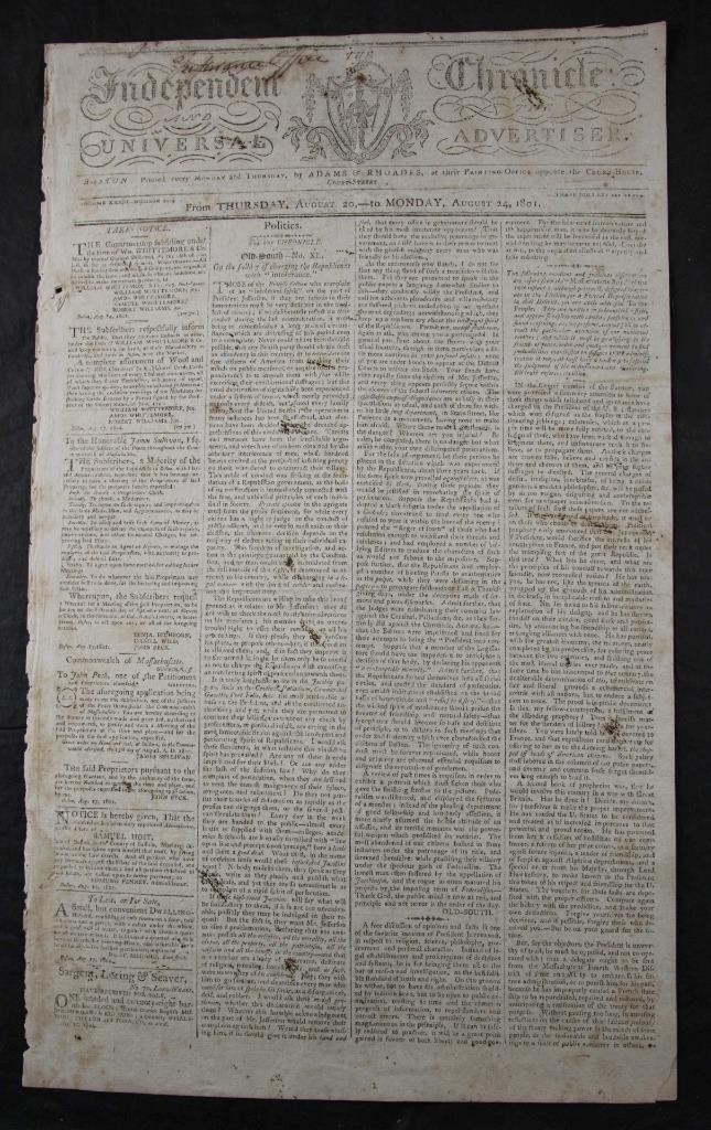 AUGUST 1801 INDEPENDENT CHRONICLE, UNIVERSAL ADVERTISER BOSTON MASSACHUSETTS FO1