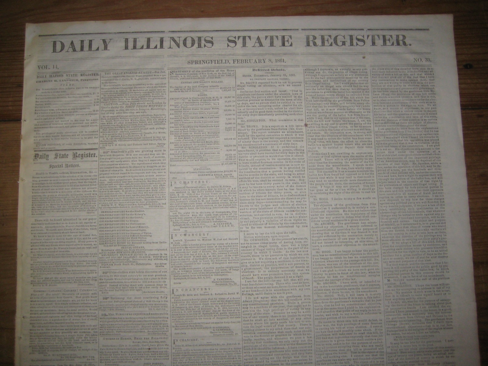 1861, Springfield Ill. Newspaper, Lincolns Home Town, Senator Douglas Letter