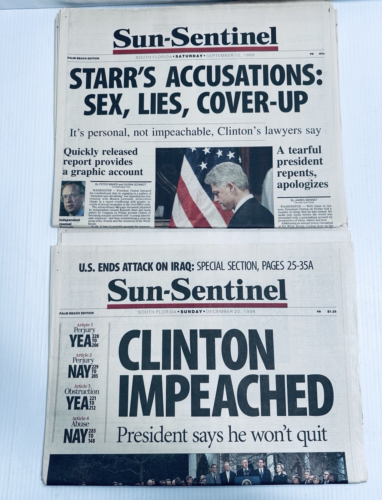 Sun Sentinel 1998 Starr Accusation Clinton Impeachment News Coverage Political