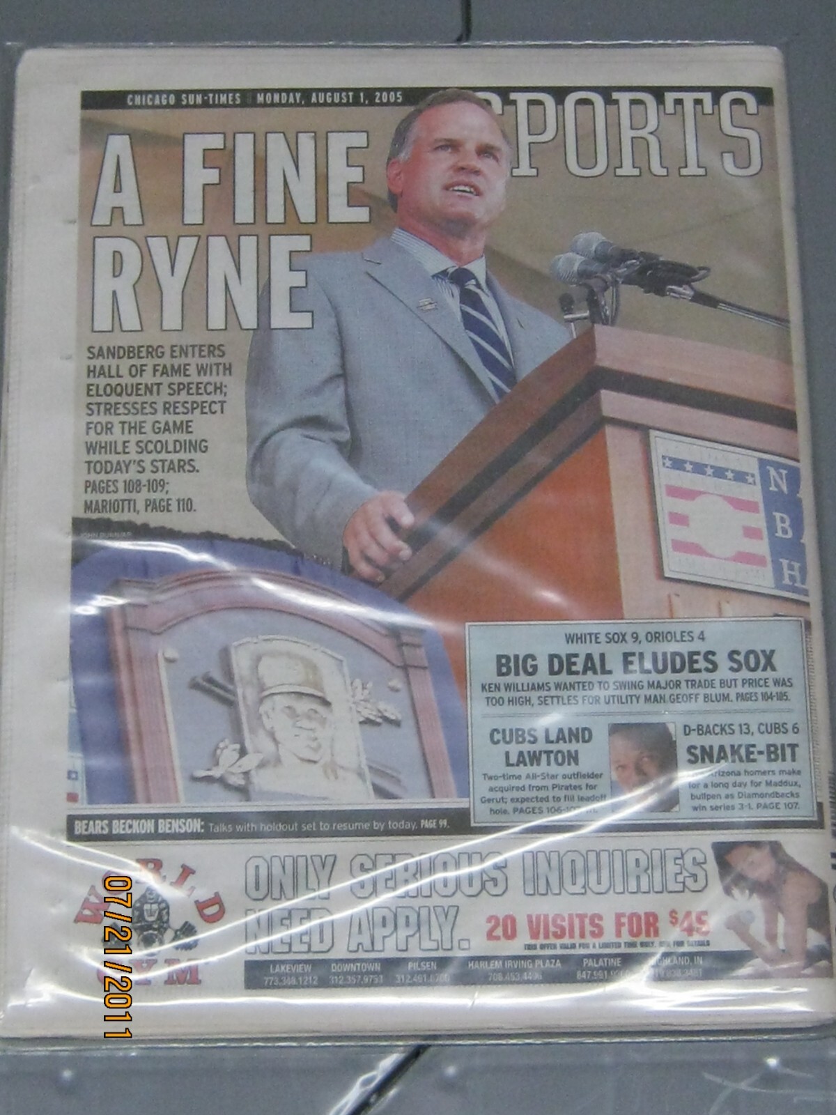 Ryne Sandberg Hall of Fame Induction Chicago Sun-Times Collectible Newspaper