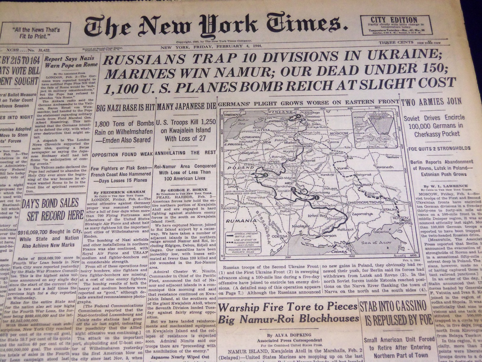 1944 FEBRUARY 4 NEW YORK TIMES – 10 DIVISIONS TRAPPED IN UKRAINE – NT 3349