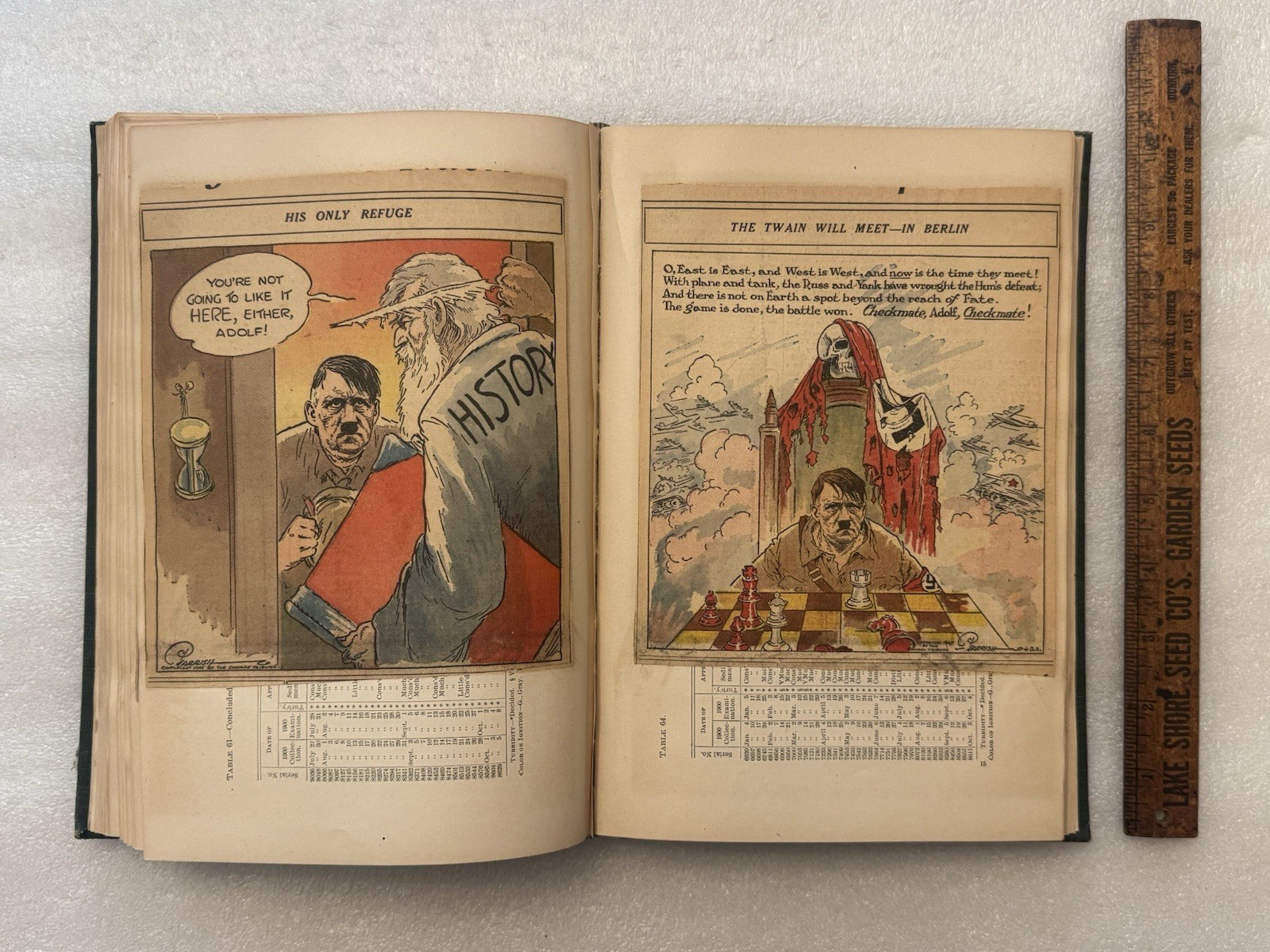 1944-1946 WW2 Newspaper Scrapbook Chicago Tribune Political Cartoon Hand Colored