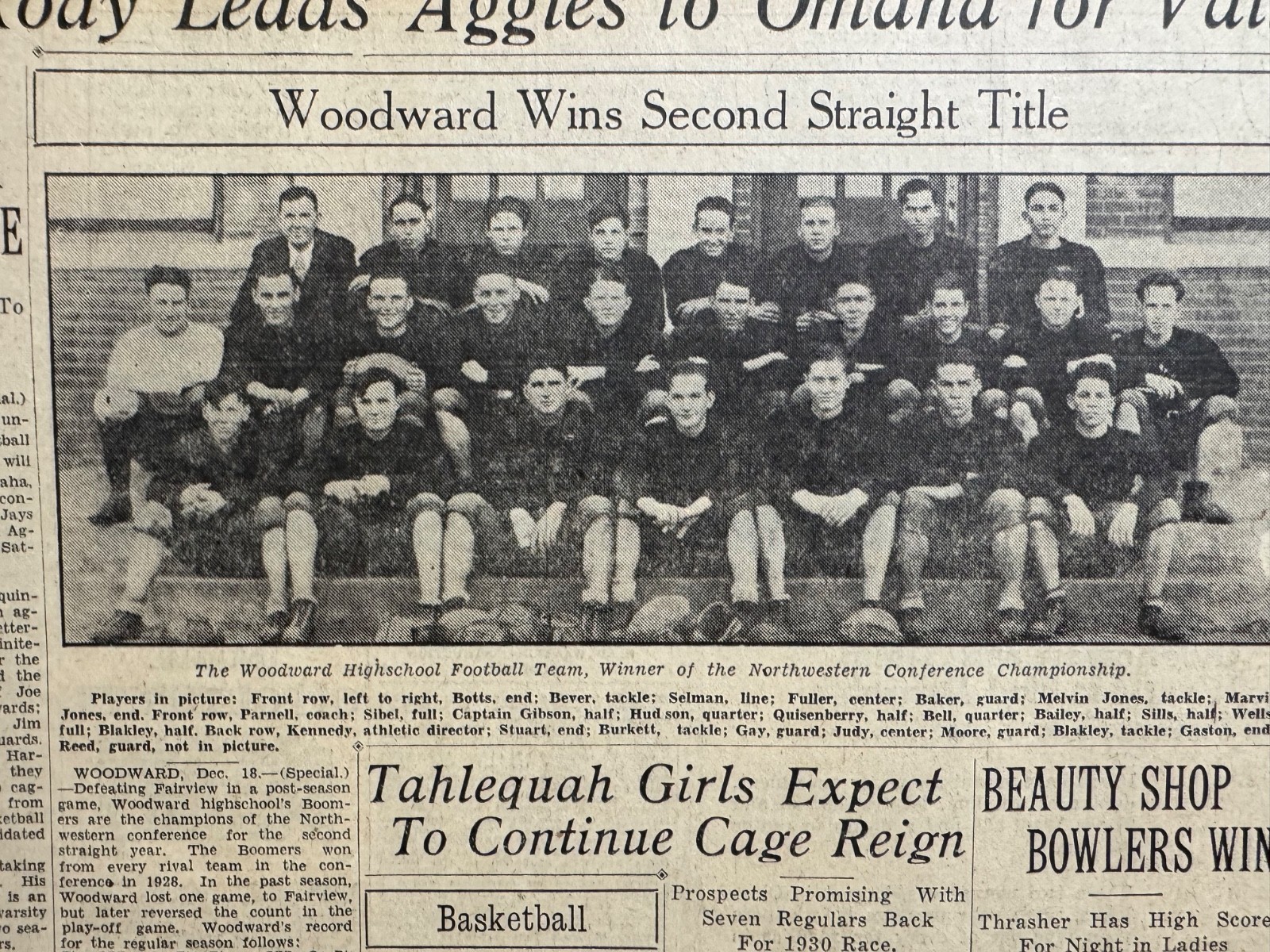 1929 WOODWARD,OKLA. HIGHSCHOOL FOOTBALL TEAM OKLA. CITY NEWSPAPER PAGE FREE SHIP