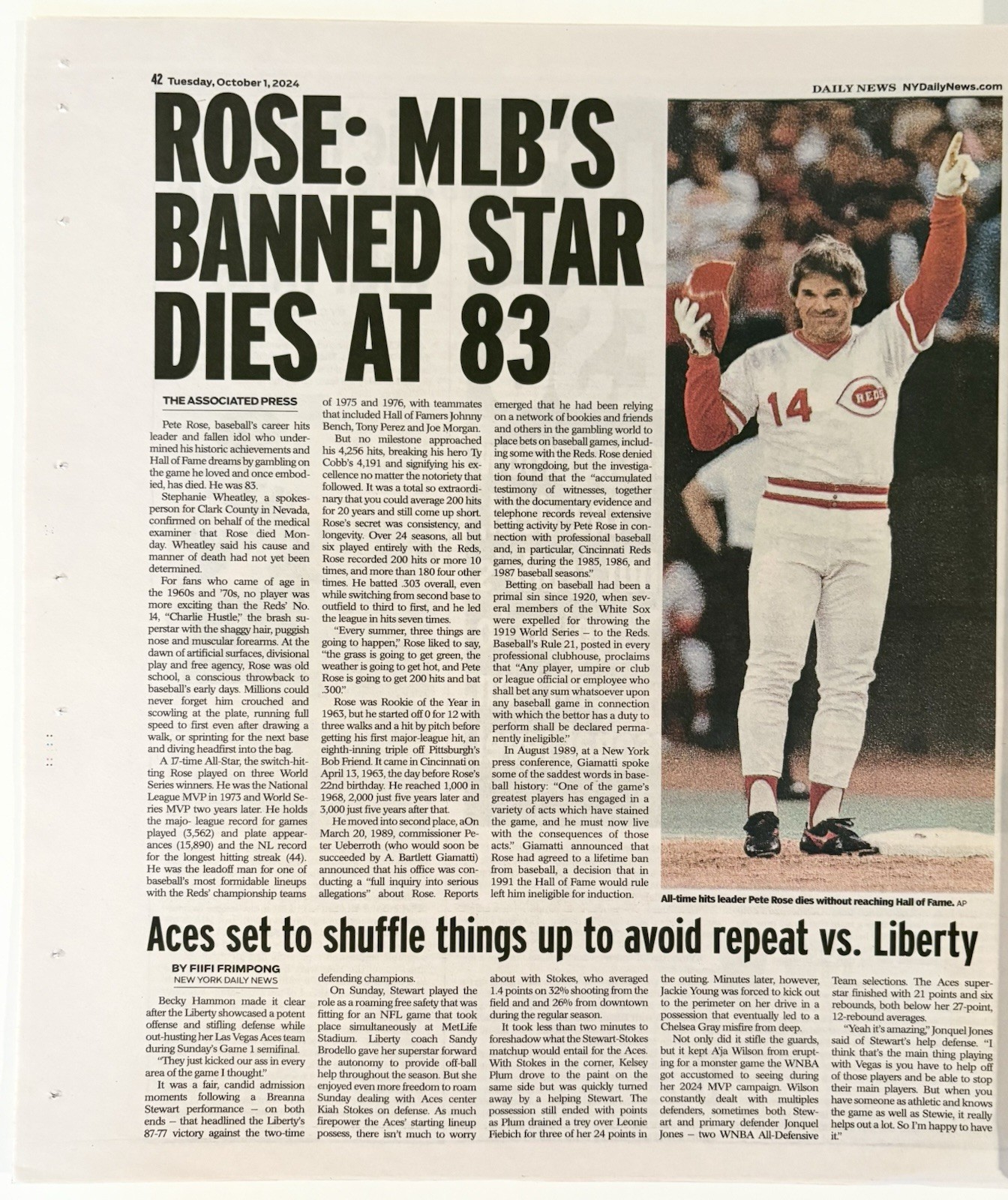 October 1, 2024 New York Daily News Baseball Star Pete Rose Dead At 83