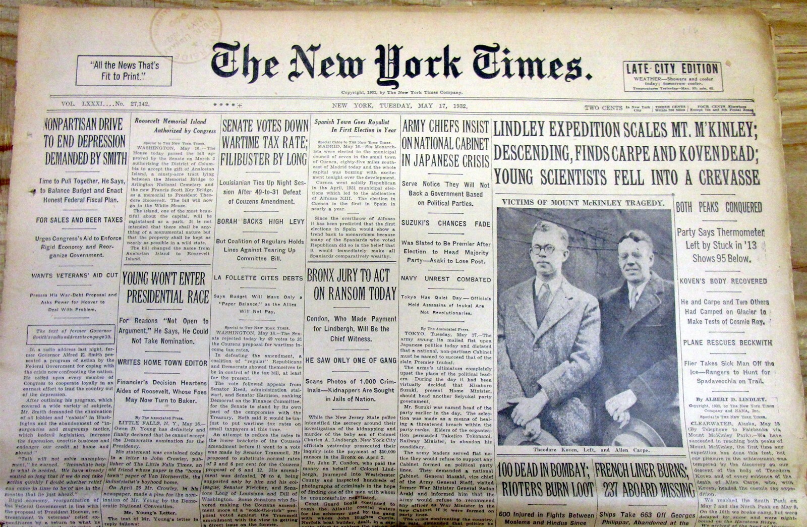 1932 NY Times newspaper LINDLEY EXPEDITION CLIMBS MT McKINLEY in Alaska DENALI