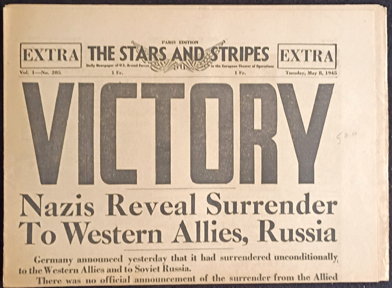 MAY 8, 1945 STARS & STRIPES NEWSPAPER – VICTORY * NAZI GERMANY SURRENDERS