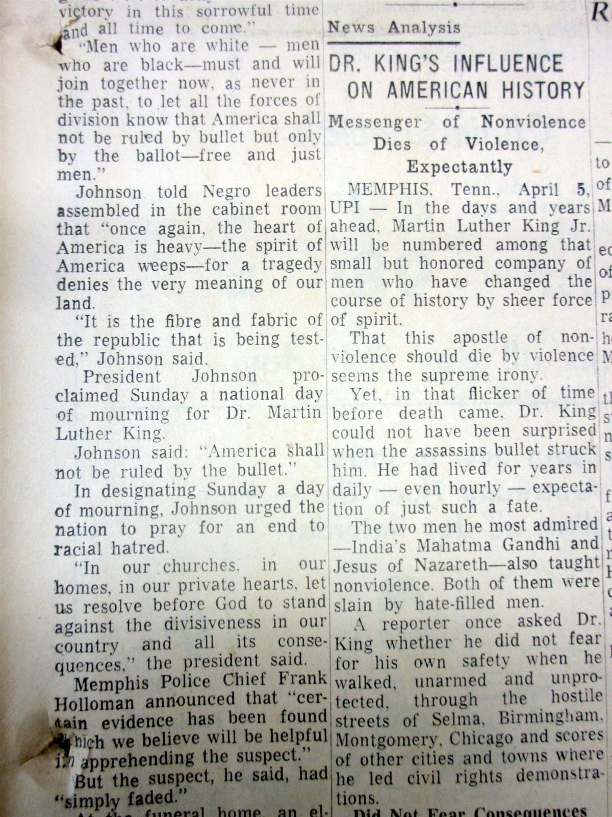 1968 newspaper DR MARTIN LUTHER KING, JR is ASSASSINATED in MEMPHIS Tennessee