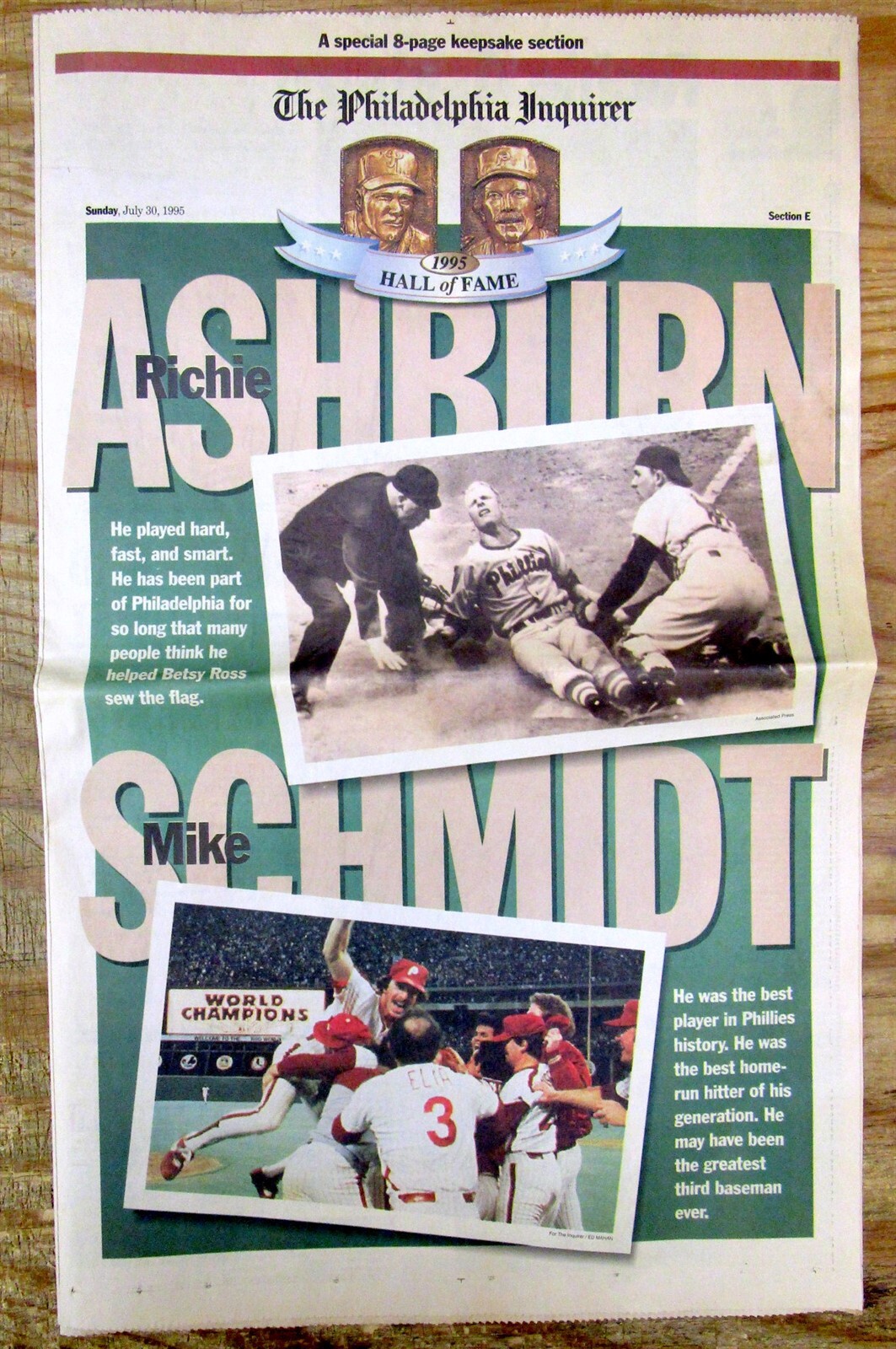 1995 newspaper PHILADELPHIA PHILLIES MIKE SCHMIDT Richie Ashburn ELECTED to HOF