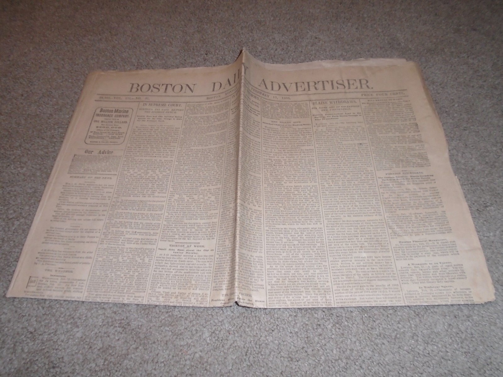 1886 James G. Blaine Withdraws Nomination for President Boston Daily Advertiser