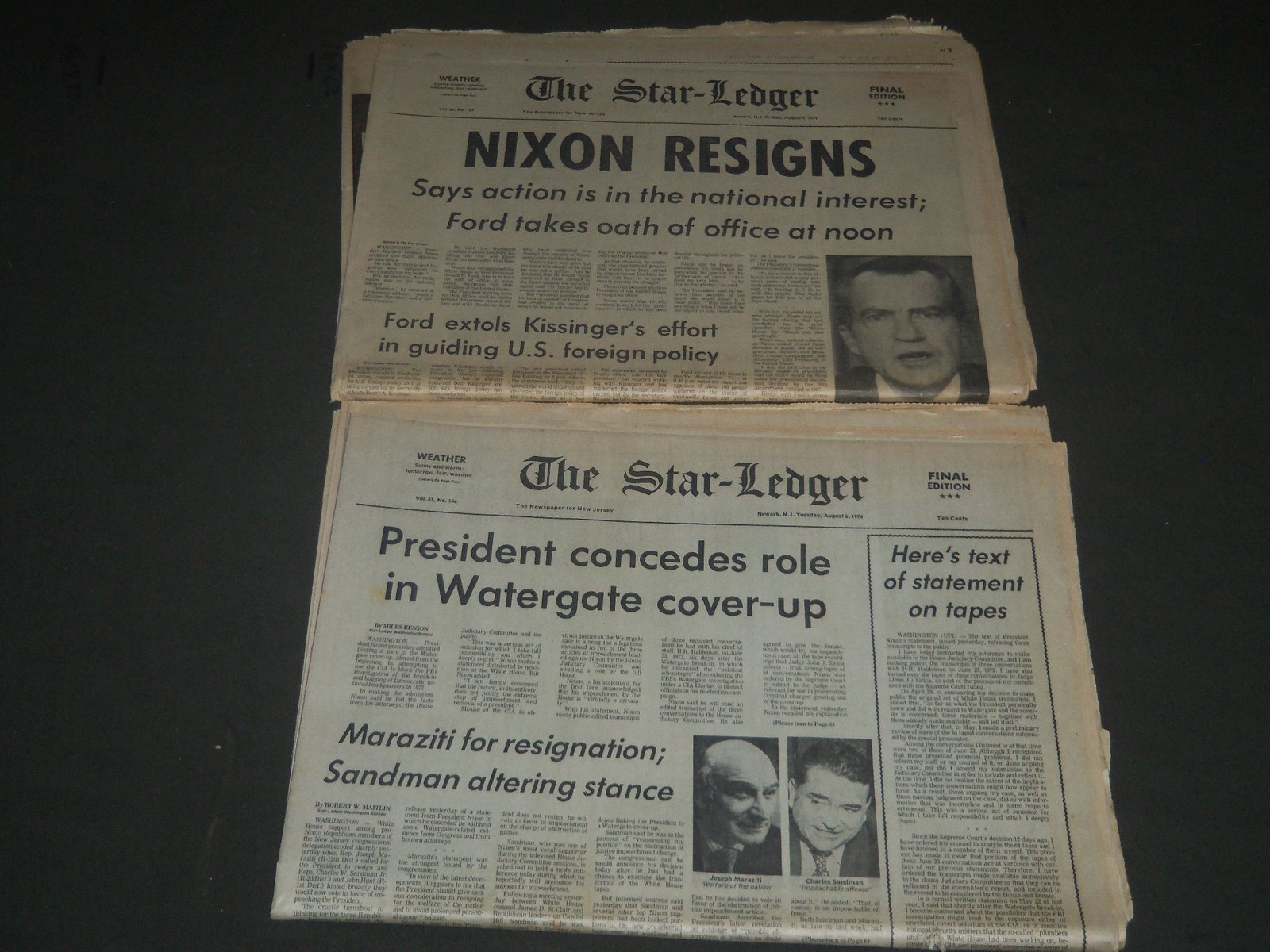 1974 AUGUST 6 & 9 STAR LEDGER NEWSPAPER LOT OF 2 – NIXON RESIGNS – NP 2407