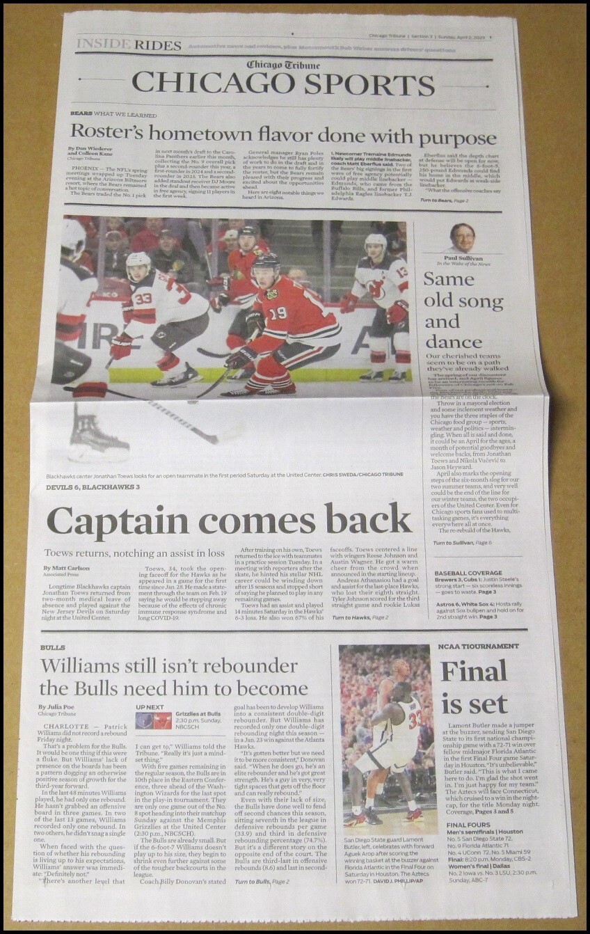 4/2/2023 Chicago Tribune Sports Jonathan Toews Returns to Blackhawks Bears Bulls
