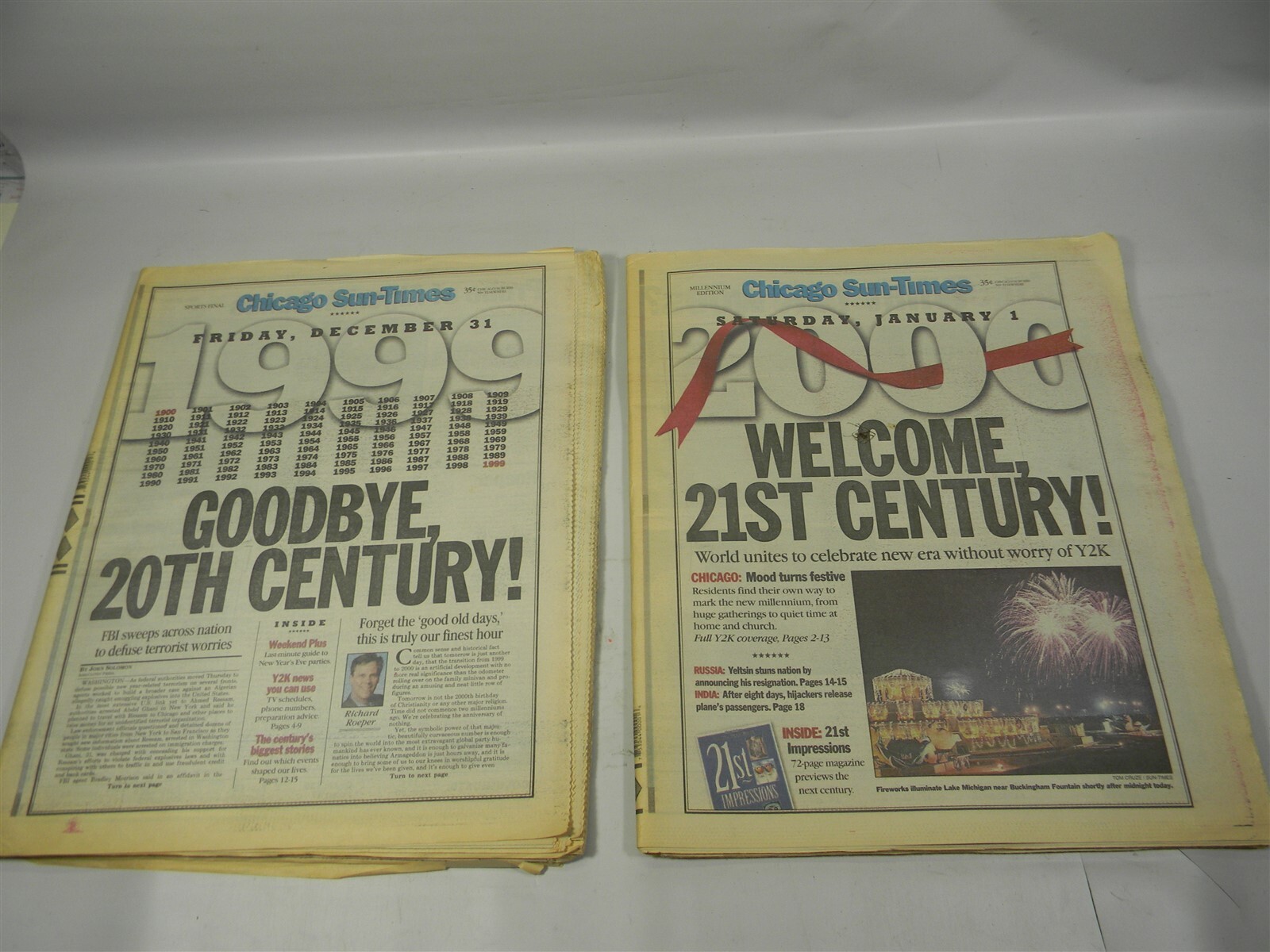 Goodbye 20th Century , Welcome 21st , Dec. 31 1999 , Jan 1 2000 Newspapers – 7E