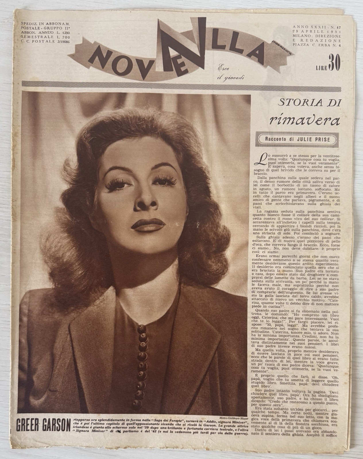 NEWS Women’s Literary Magazine Rizzoli No.17 1951 Year XXXII Greer Garson