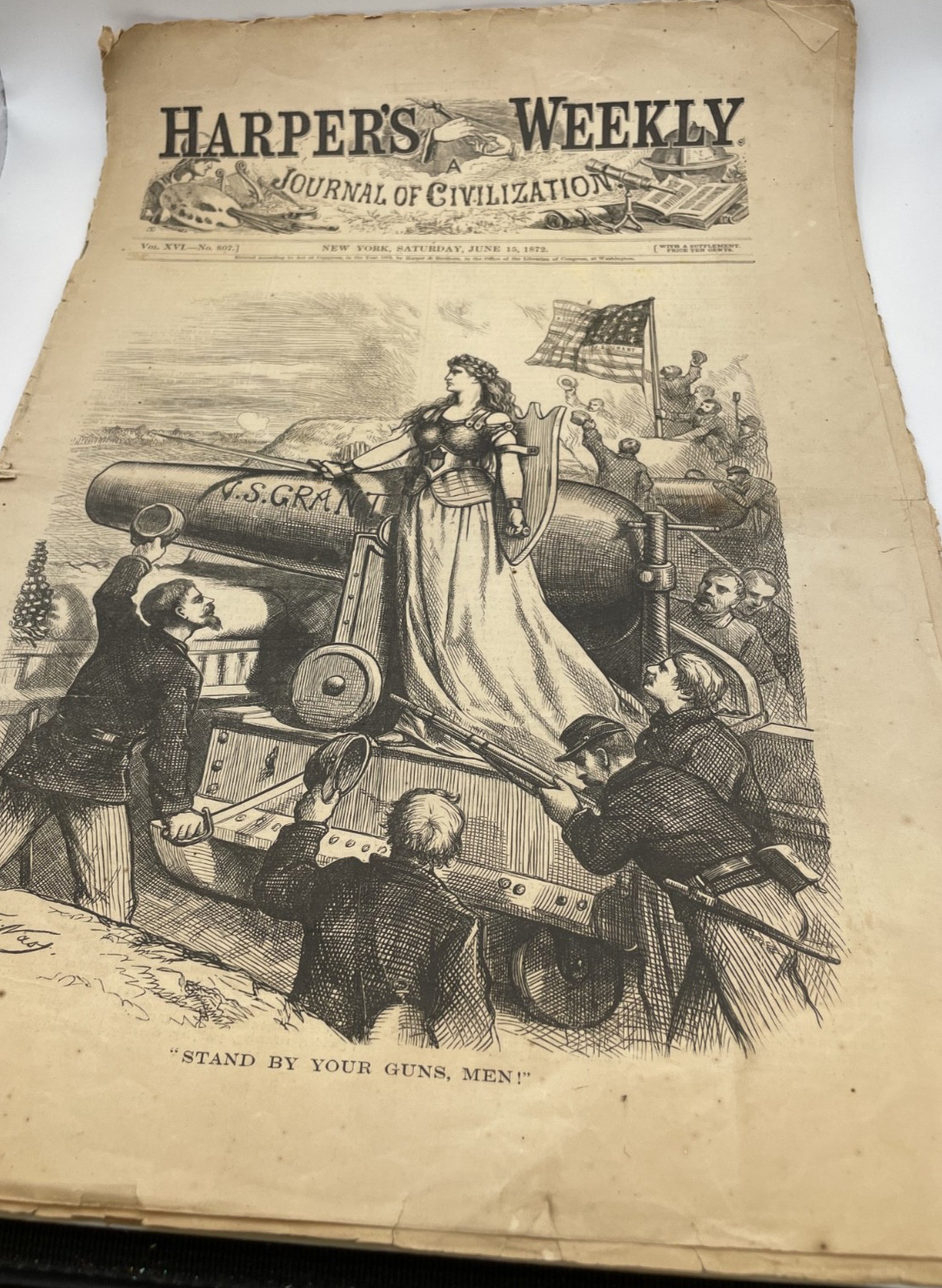 Antique Harper’s Weekly 6/15/1892 “Stand By Your Guns Men” – Woman w Cannon