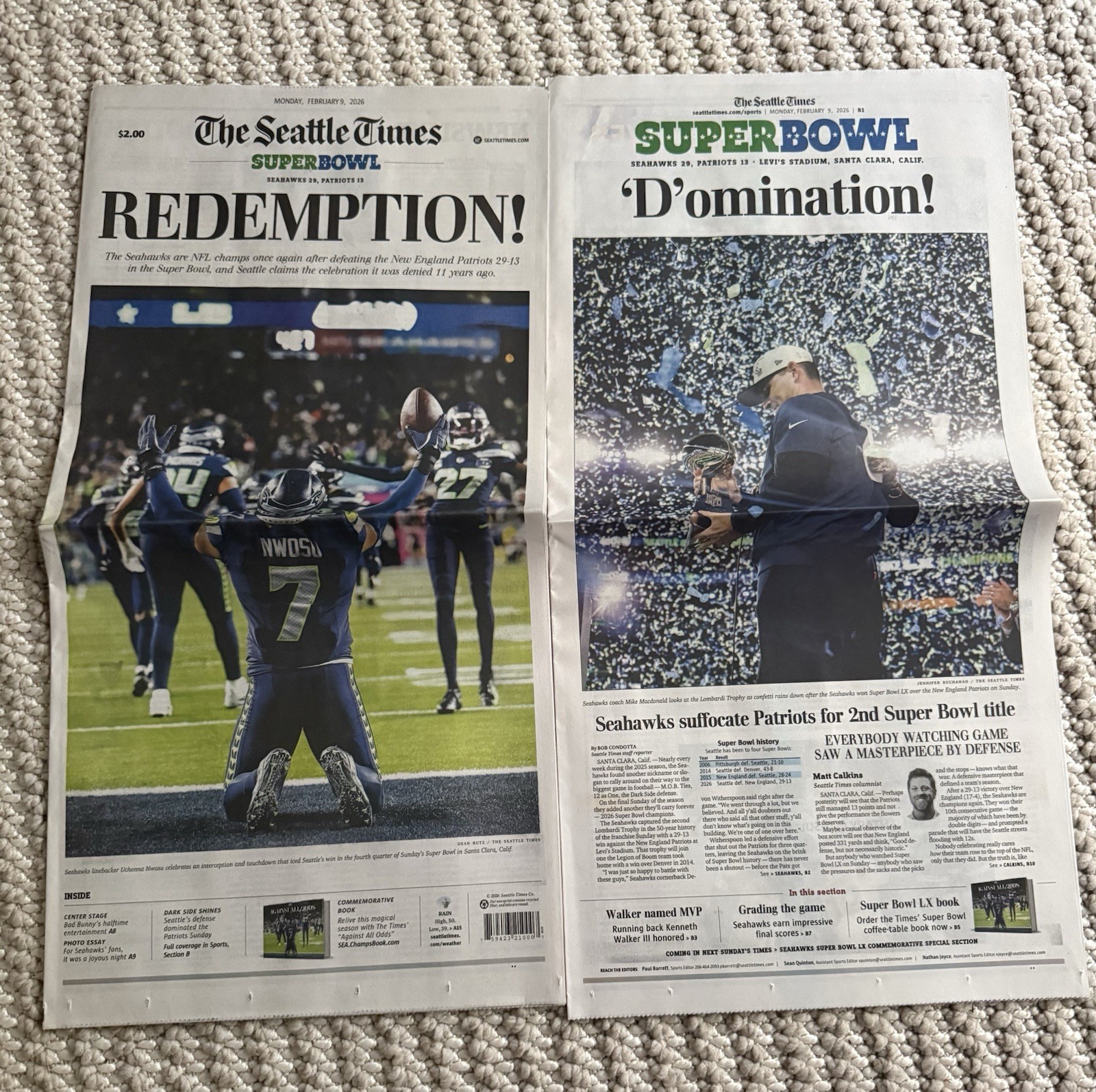 The Seattle Times Newspaper – Seahawks Super Bowl Redemption 2/9/2026 – NEW