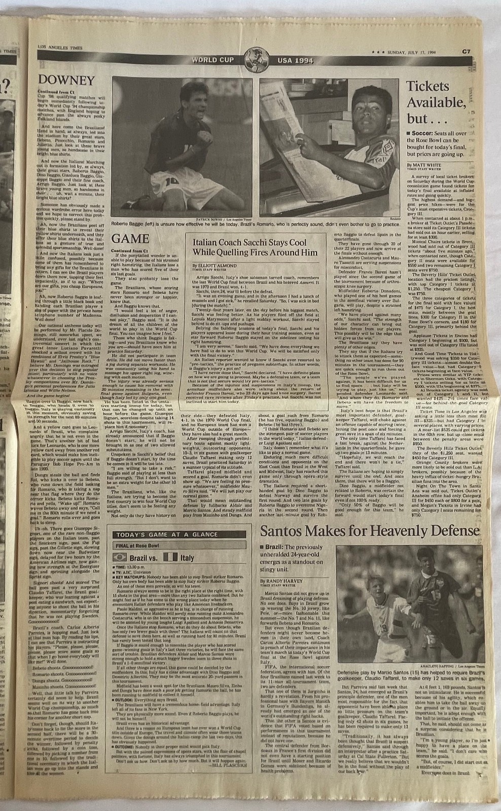 7/17/1994 World Cup Soccer *ITALY & BAGGIO* LA Times Sports Newspaper