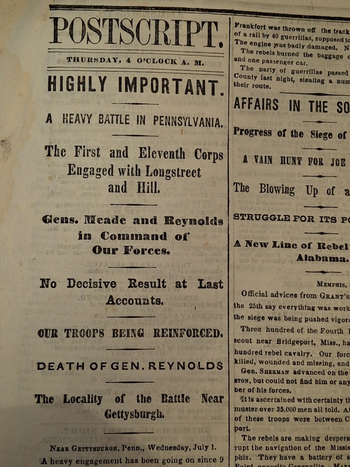 Civil War Newspapers- BATTLE OF GETTYSBURG, VERY 1ST NEWS, GENERAL REYNOLDS DEAD