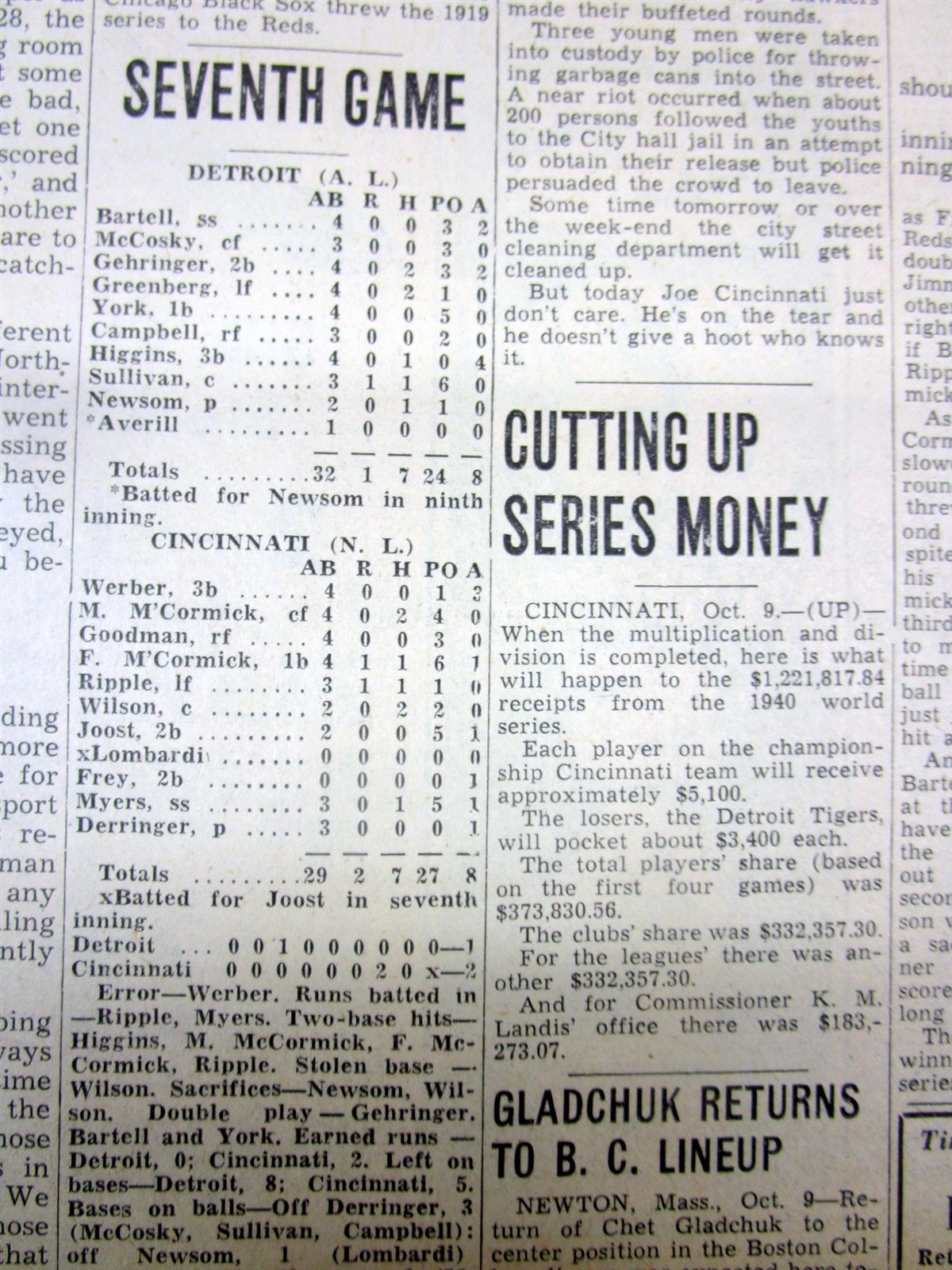 1940 newspaper CINCINNATI REDS WIN baseball WORLD SERIES vs DETROIT TIGERS