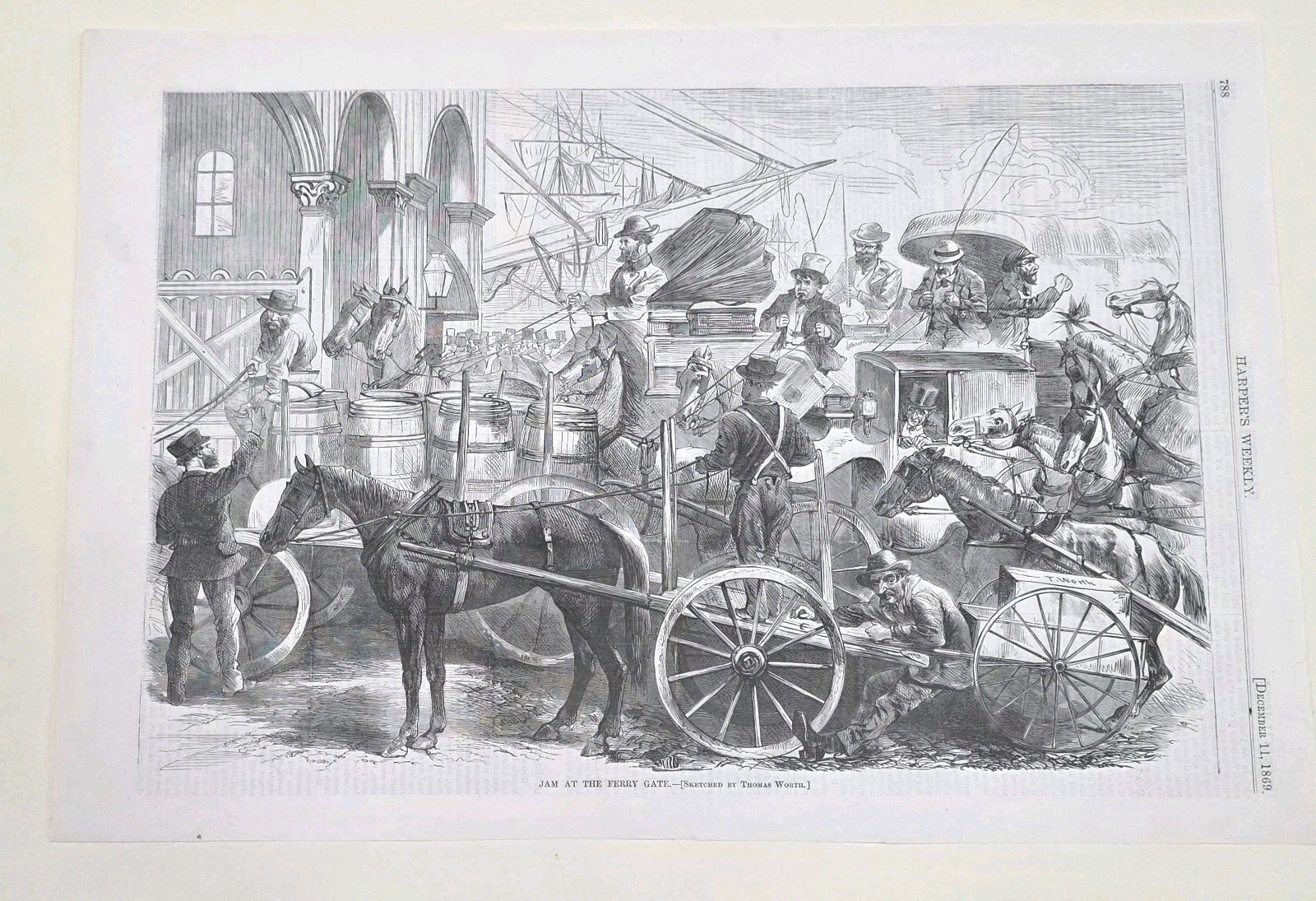 THOMAS WORTH HARPER’S WEEKLY JAM AT THE FERRY GATE DEC 11, 1869