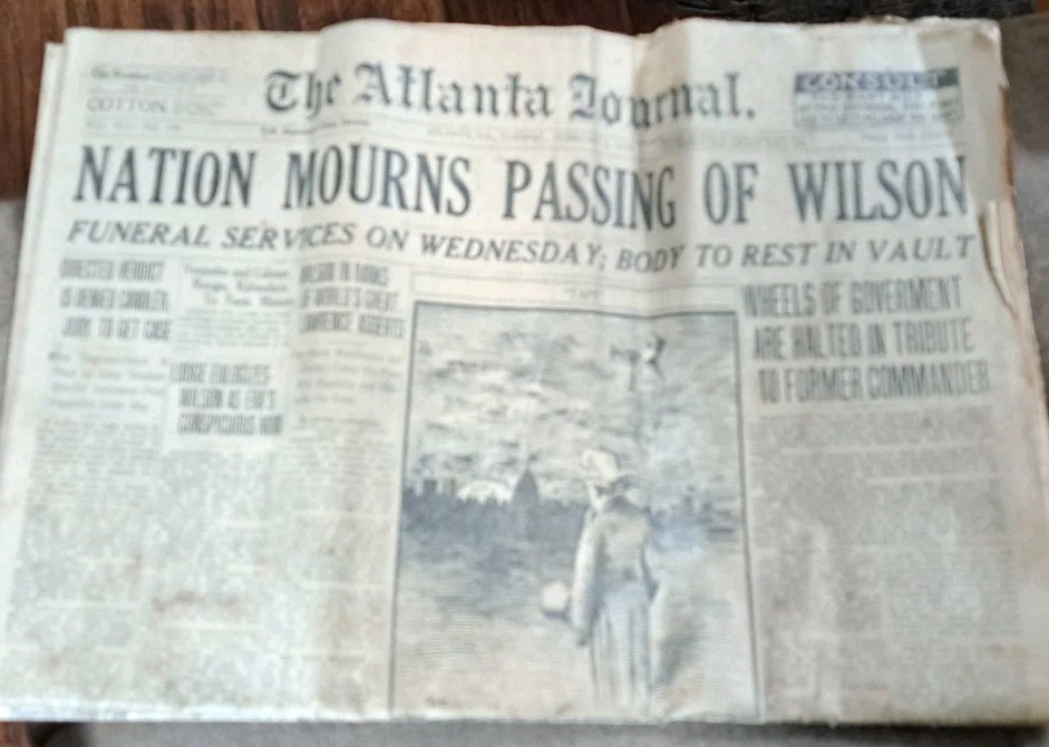 Feb 5th 1924 Atlanta Journal Newpaper Headline Woodrow Wilson Burial