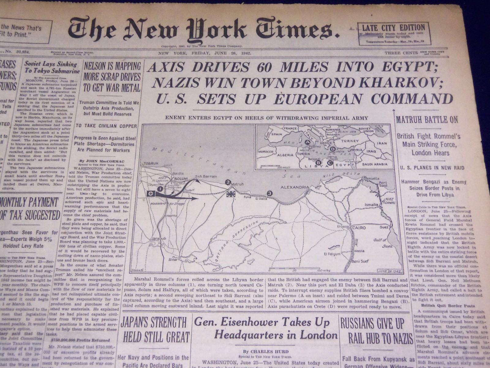 1942 JUNE 26 NEW YORK TIMES – AXIS DRIVES 60 MILES INTO EGYPT – NT 1543