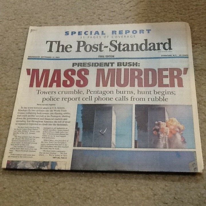 THE POST STANDARD SEPTEMBER 12, 2001 “MASS MURDER” 911 COVERAGE NEWSPAPER