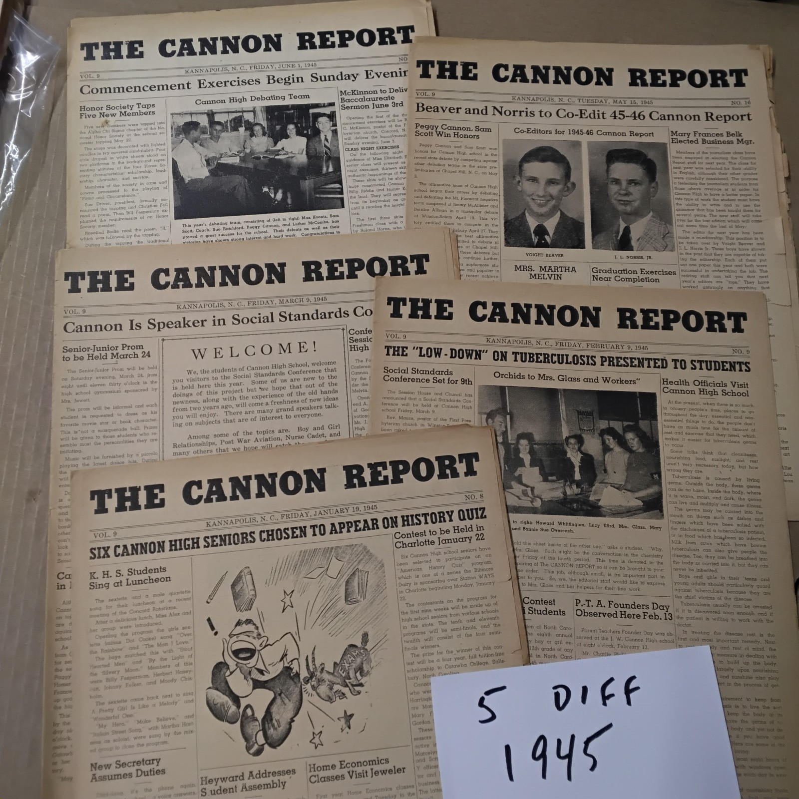 The Cannon Report High School Kannapolis NC Newspaper vtg Lot 1943 1944 1945 ’46