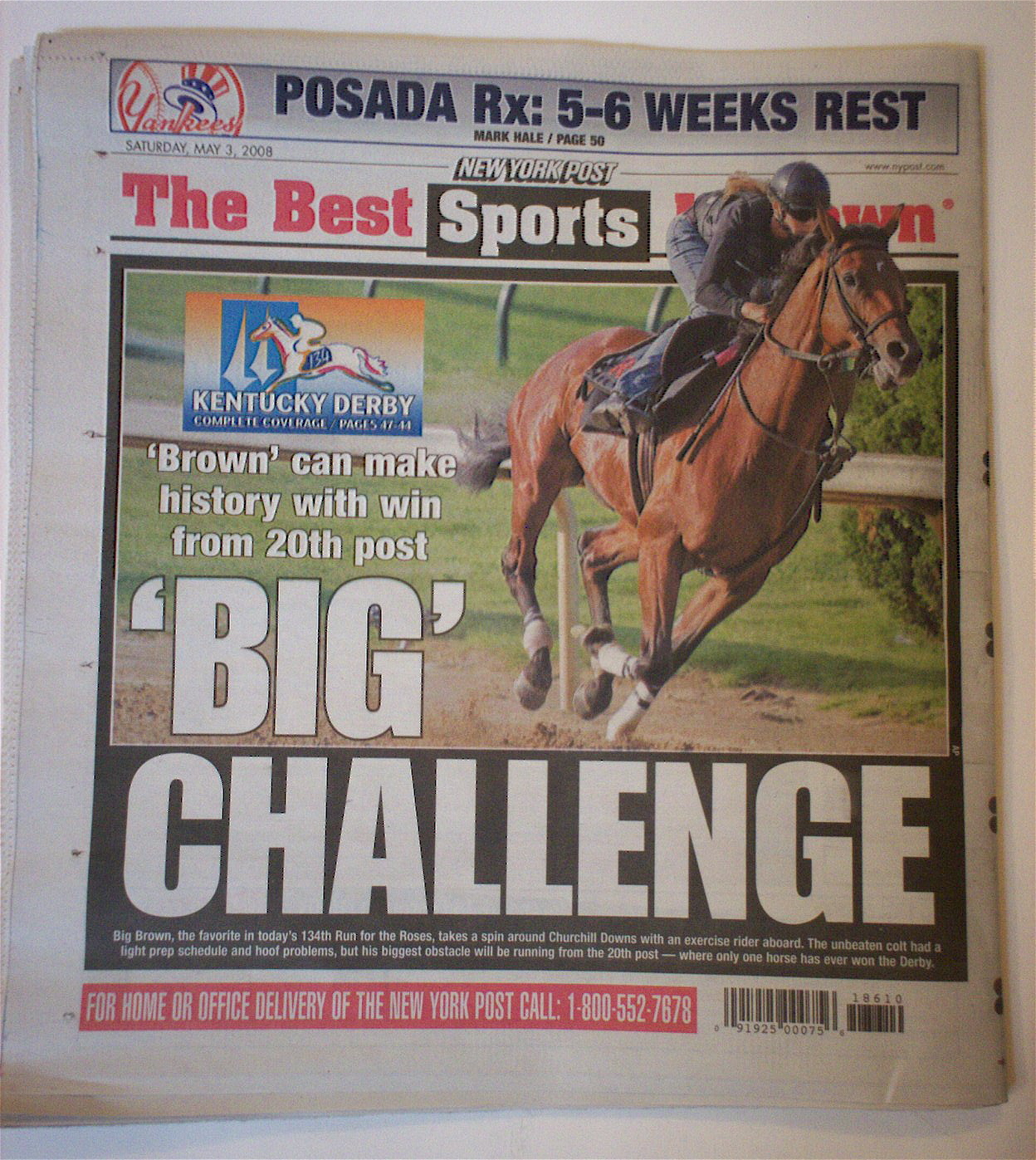 BIG BROWN 2008 Pre-Kentucky Derby NEW YORK POST 5/3/08 Newspaper GOV. PATTERSON