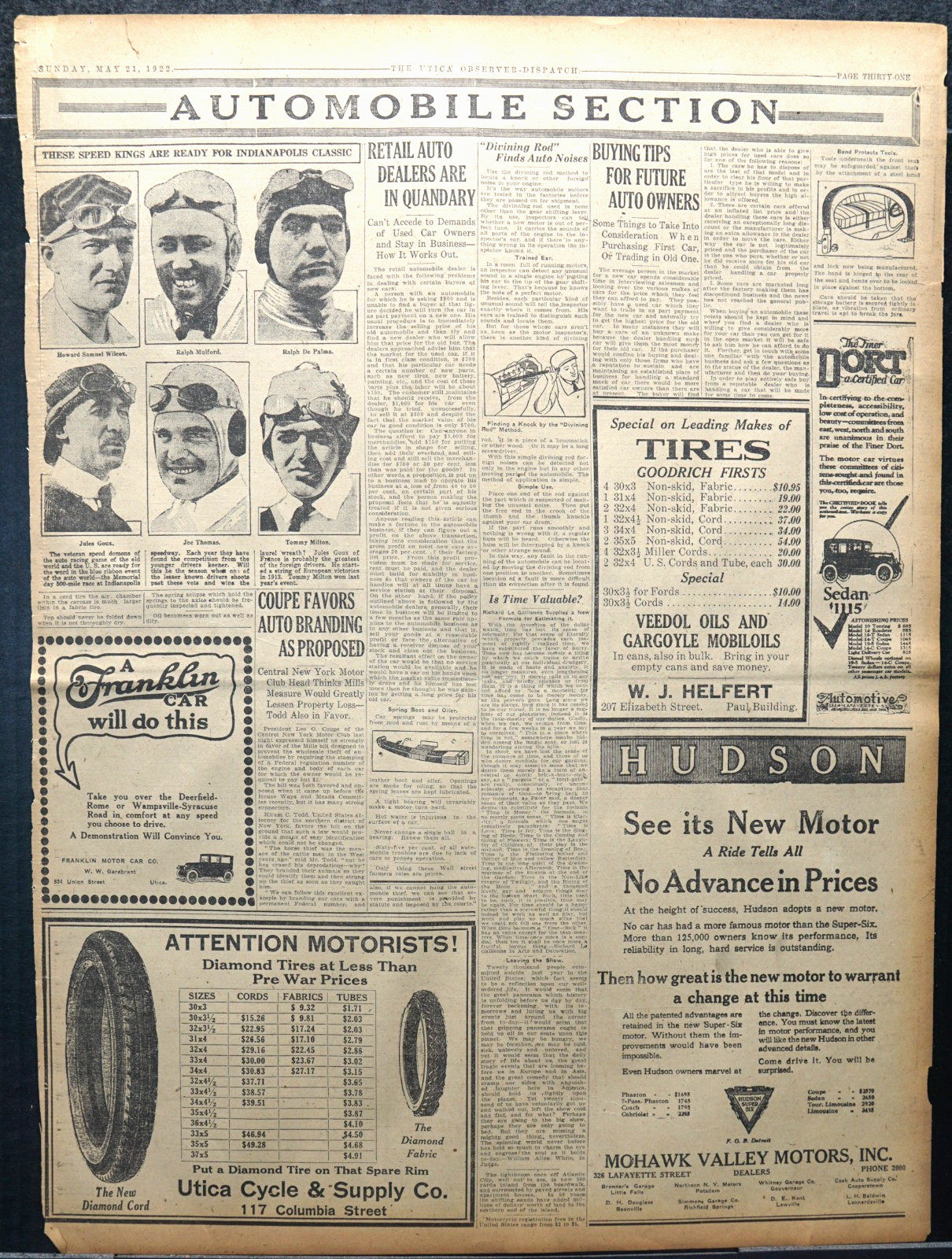 1922 Sports Page – Ralph De Palma & Other Speed Kings Ready For Indianapolis 500