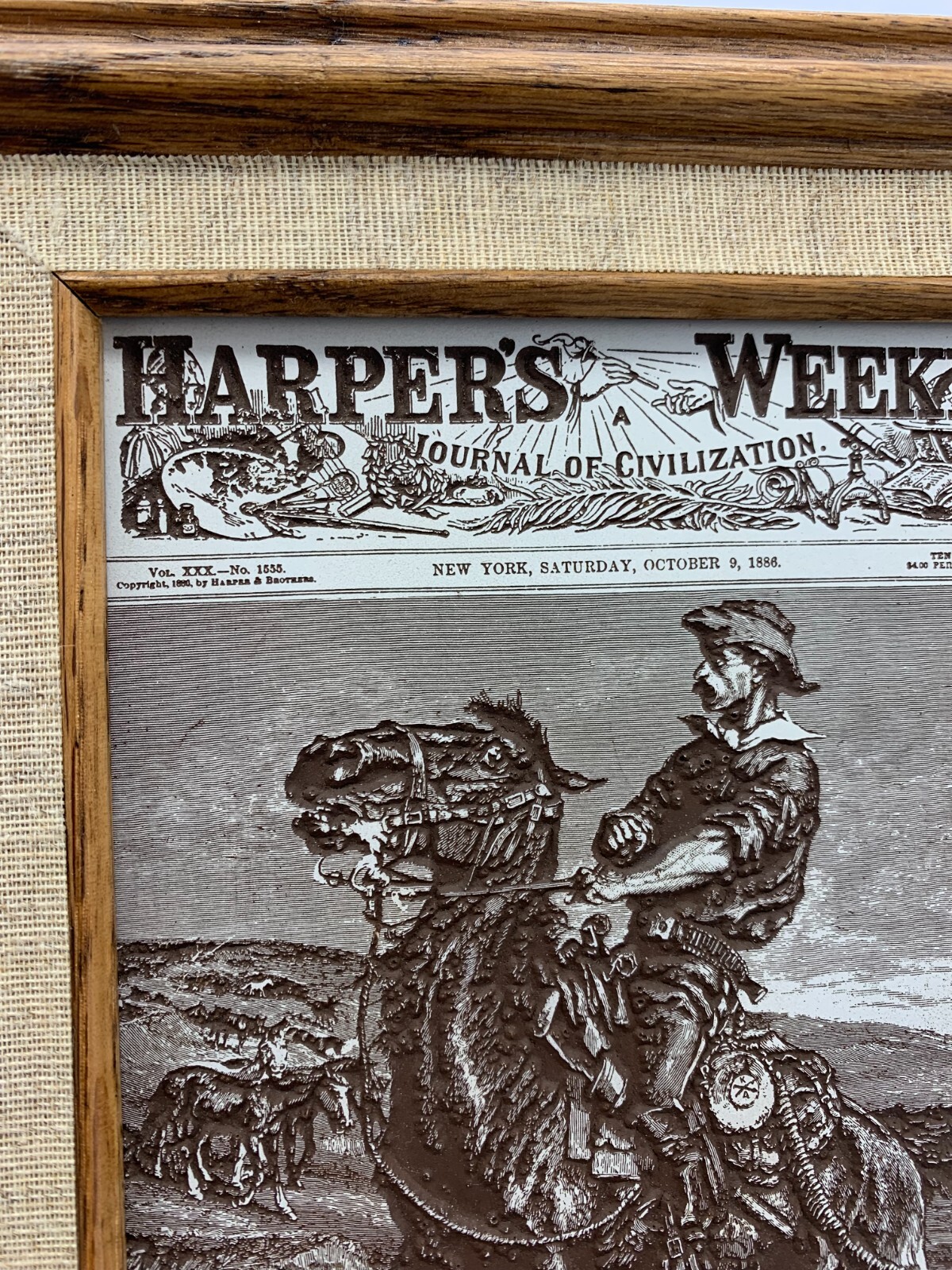 RARE OOAK Harper’s Weekly Incised Plaque Oct 9, 1886 Remington Print Wood Framed