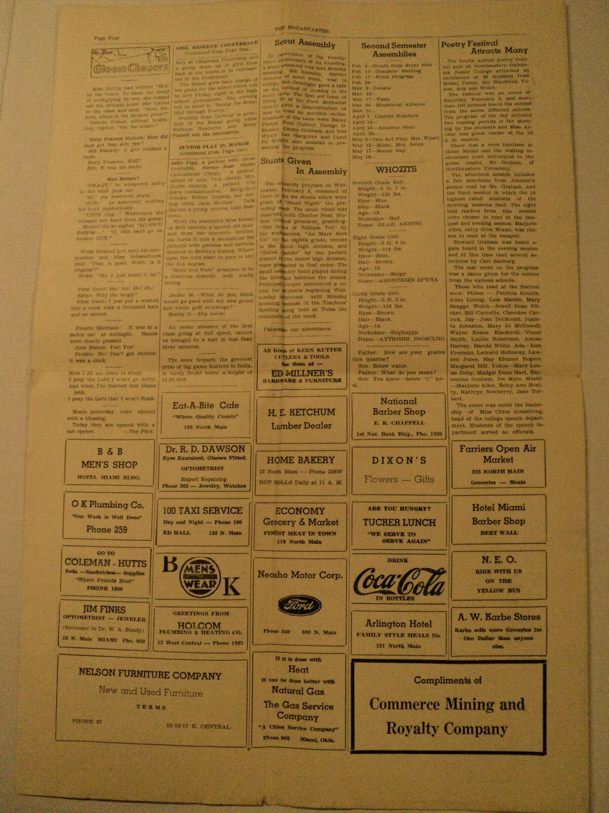 The MHS Broadcaster Vol 13 no 6 Miami Oklahom High School News Paper 02/24/1939