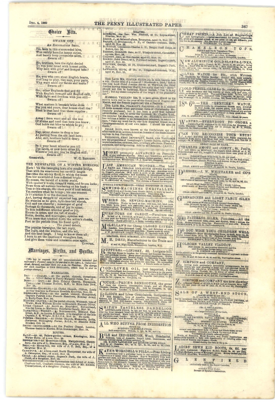 1869 Penny Ilustrated Paper, Slaves, Irish Problem, Wood Green Murders, Oz Meat