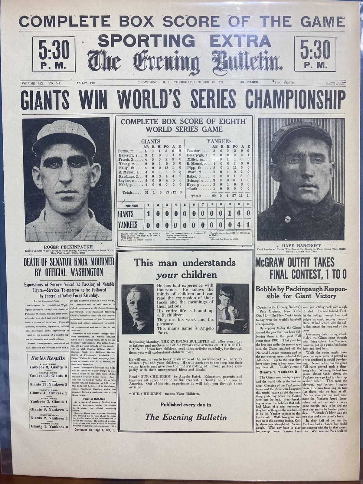 VINTAGE NEWSPAPER HEADLINE ~NEW YORK GIANTS WIN 1921 WORLD SERIES BASEBALL CHAMP