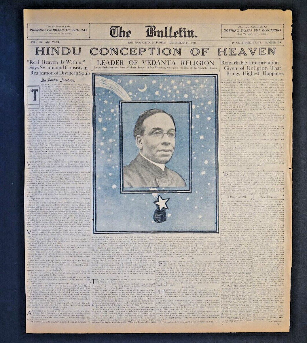 1918 Newspaper Page – Hindu Concept of Heaven, Vedanta Religion, Prakashananda